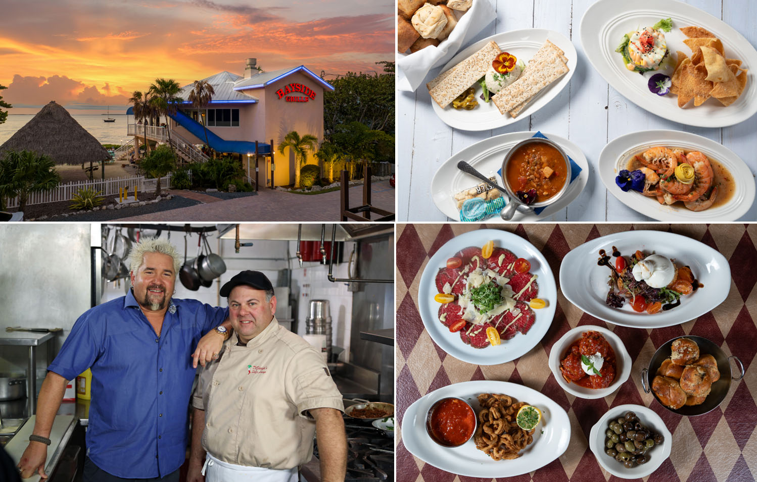 A collage of images from the Bayside Grill, one of which features Guy Fieri from Diners, Drive-Ins and Dives.