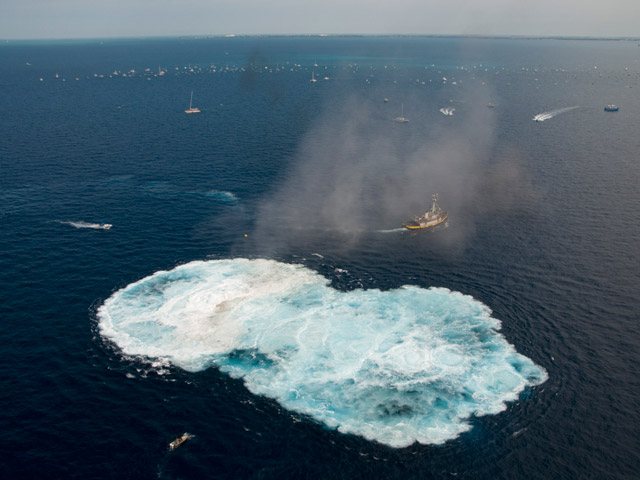 Only air bubbles and smoke remains after the former U.S. Air Force missile-tracking ship Gen. Hoyt S. Vandenberg was sunk Wednesday. May 27, 2009, seven miles off Key West, Fla. The 523-foot-long Vandenberg, that played a key role in the Cold War and tracked NASA spacecraft launches in the 1960's, 70's and early 80's, was scuttled to create an artificial reef to attract recreational divers and anglers. The ship is resting in 140 feet of water in the Florida Keys National Marine Sanctuary (Andy Newman/Florida Keys News Bureau/HO)