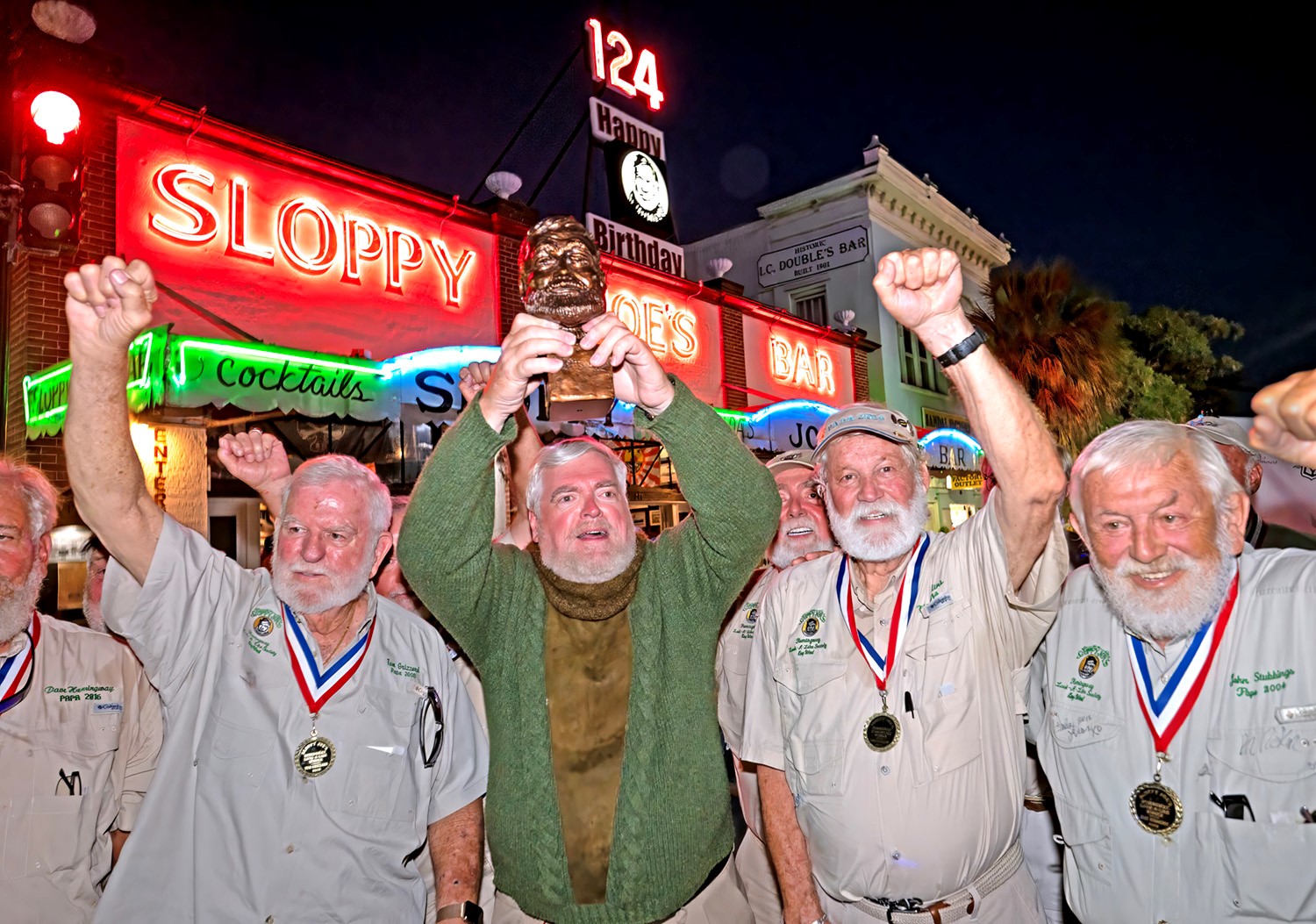 Group of contestants in the annual Hemingway Look-Alike Contest held at Sloppy Joe's Bar.