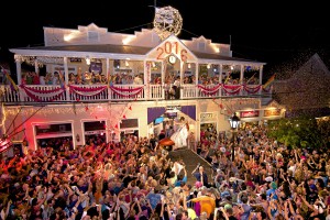Revelers jam Duval Street to watch Sushi, descend in a large replica of a woman's high heel shoe to mark the beginning of the new year. (Photo by Mike Freas, Florida Keys News Bureau)