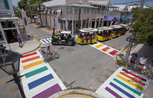 Key West’s “Pink Triangle” is home to four permanent rainbow crosswalks that the city installed in May 2015. Image: Rob O'Neal