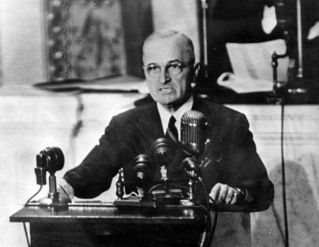 Truman giving the Truman Doctrine address, March 12, 1947.  Image: Truman Library