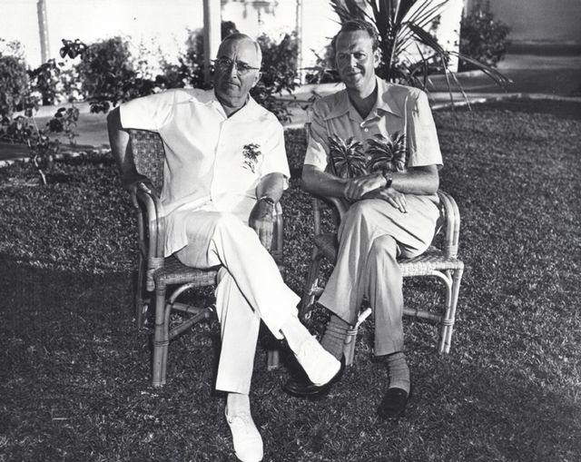 President Truman relaxing on the Little White House lawns on December 15, 1949, with Clark Clifford, special counsel to the president. ( U.S. Navy/Harry S. Truman Library)