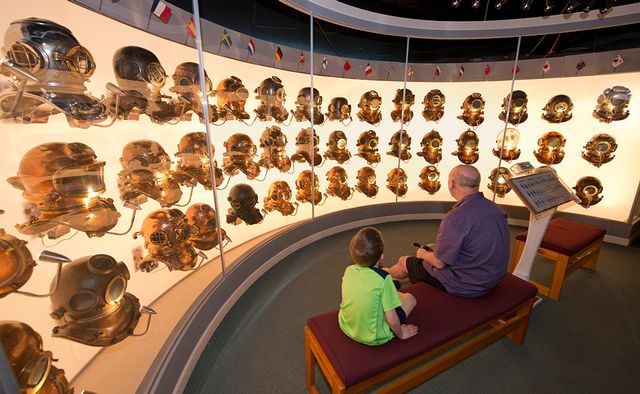 The Parade of Nations is a collection of 25 historic hard-hat dive helmets from around the world at the History of Diving Museum in Islamorada. 