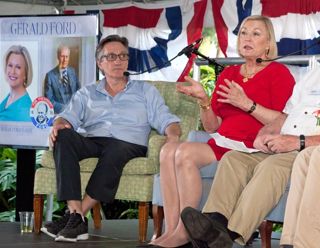 Clifton Truman Daniel, grandson of former President Harry S. Truman, left, listens while Susan Ford Bales, daughter of former President Gerald Ford, speaks during a 2019 panel discussion.