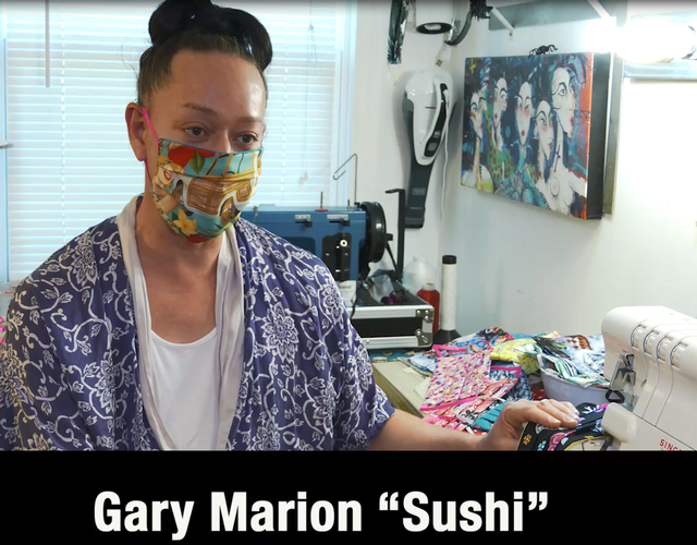 Gary Marion, best known as Key West drag queen ‘Sushi’ sewing colourful cloth masks for facial protection against the Coronavirus. Credit: Florida Keys News Bureau
