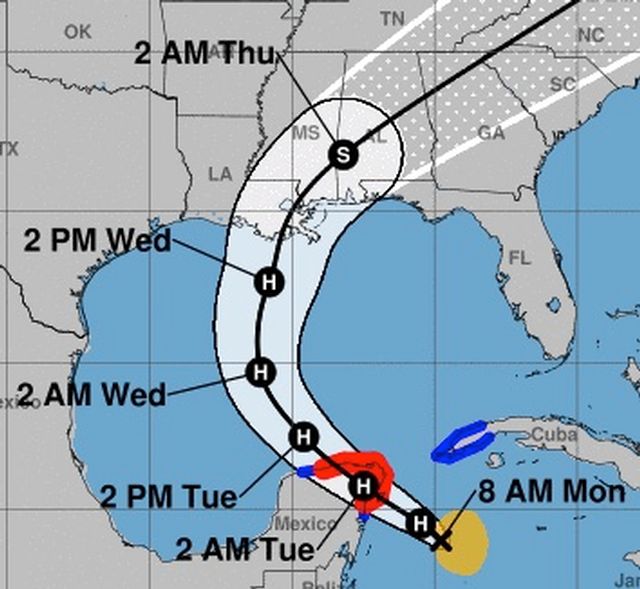 Official National Hurricane Center forecast track for Tropical Storm Zeta at 8 a.m., Monday.