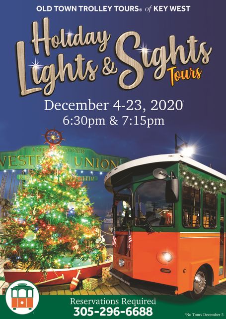 Revelers can enjoy holiday lights tours of lavishly decorated neighborhoods aboard the Old Town Trolley and Conch Tour Train.