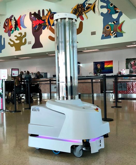 When activated, the robot emits high-intensity ultraviolet UV-C wavelength light designed to remove 99.9% of harmful airborne and surface pathogens including the novel coronavirus. 