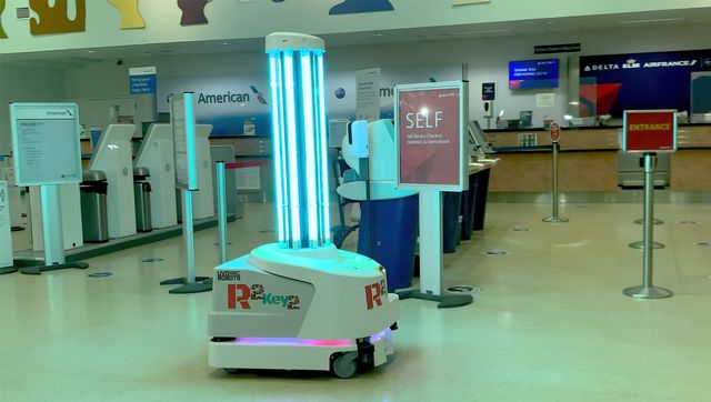 'R2Key2' patrols the airport after hours, emitting high-intensity ultraviolet UV-C wavelength light.