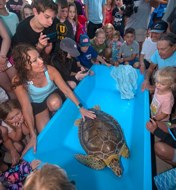 Bette Zirkelbach, left, manager of the Florida Keys-based Turtle Hospital, shares educational facts about sea turtles with a group of children as they get a final look at “TJ Sharp