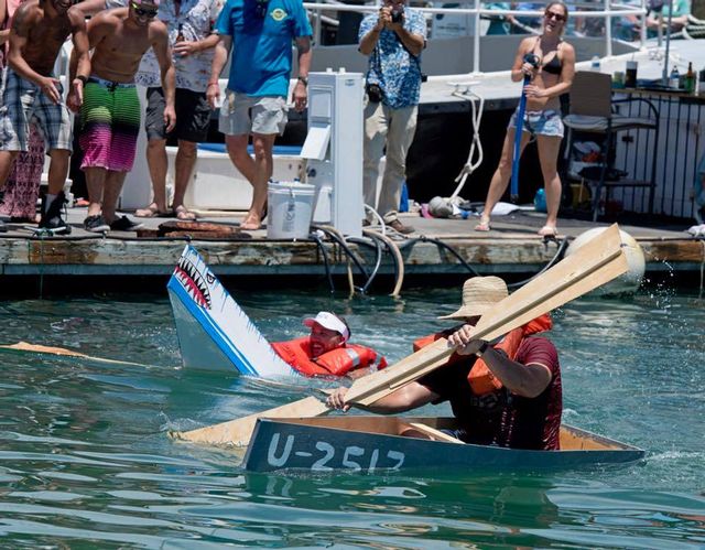 Teams are allowed a single sheet of 4-by-8-foot plywood, two 8-foot-long 2-by-4s, a roll of duct tape and a pound of fasteners to build their boat and whatever paddles it requires. 
