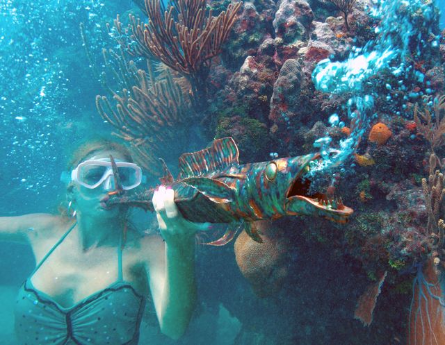 In addition to vivid reef fish and marine life, divers and snorkelers might spot costumed cohorts pretending to play underwater musical instruments.
