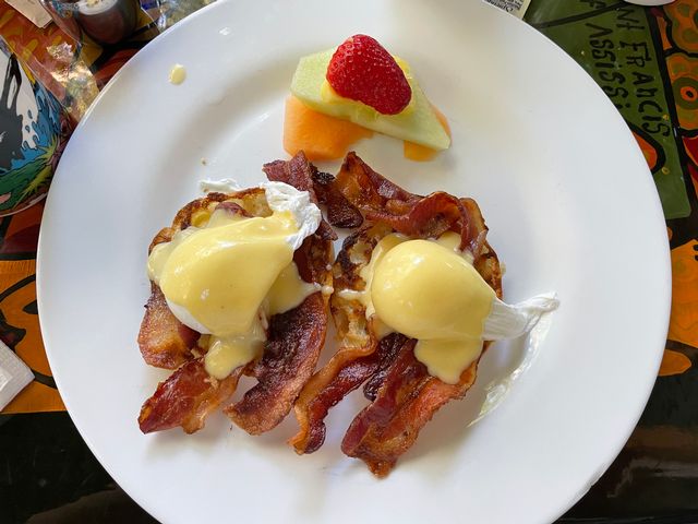 One of the most requested breakfast dishes at Blue Heaven is the BLT Benedict, composed of poached eggs, grilled tomato slices, chunks of Florida lobster tail and crisp bacon. 