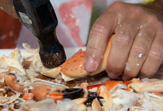 Contestants use their choice of cracking tools from hammers, knives, spoons or industrial-strength crackers to reach and eat the succulent meat of tasty stone crab claws. Image: Andy Newman/Florida Keys News Bureau.