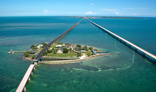The refurbished Old Seven Mile Bridge, at left, connects Marathon with historic Pigeon Key. Photo by Andy Newman.
