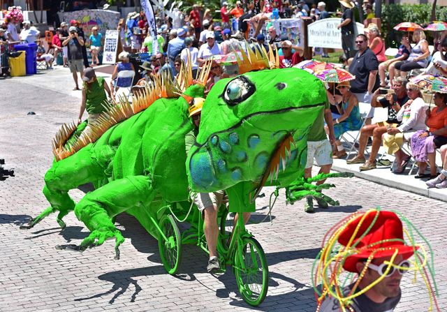 Cayman Smith-Martin pedals his 30-foot-long iguana, with spines made from scrap cardboard, during the 2019 Papio Kinetic Sculpture Parade. Photo: Rob O'Neal
