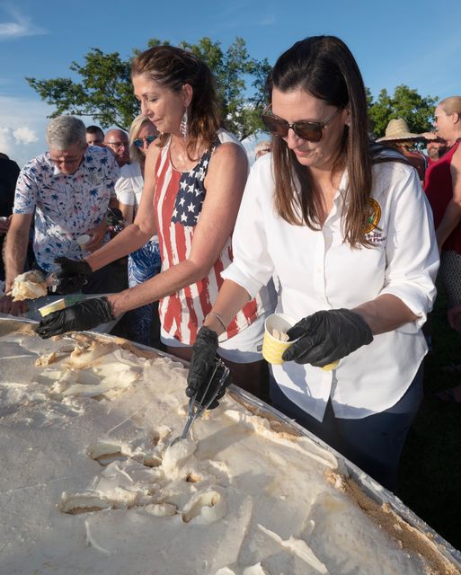 From left to right, Monroe County Commissioners Jim Scholl and Michelle Lincoln, along with Florida Lt. Governor Jeanette Nunez, serve Key lime pie to attendees at a 200th Florida Keys birthday celebration Monday.