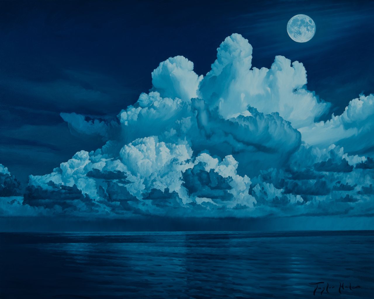 Florida Keys artist Taylor Hale is driven by the constant transformations of the sky and sea and exploring what happens as these powerful natural forces interact, as in his painting Atlantic Moon. 