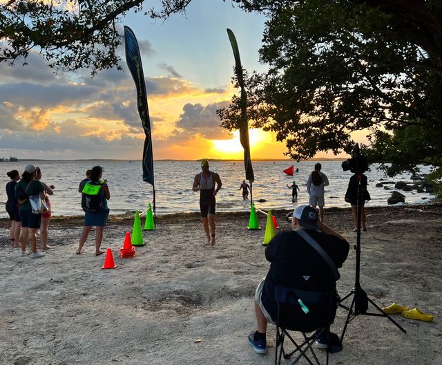 Triathlon participants emerge from the swim portion of the race on May 7, 2023 at John Pennekamp Coral Reef State Park. Photo: JoNell Modys