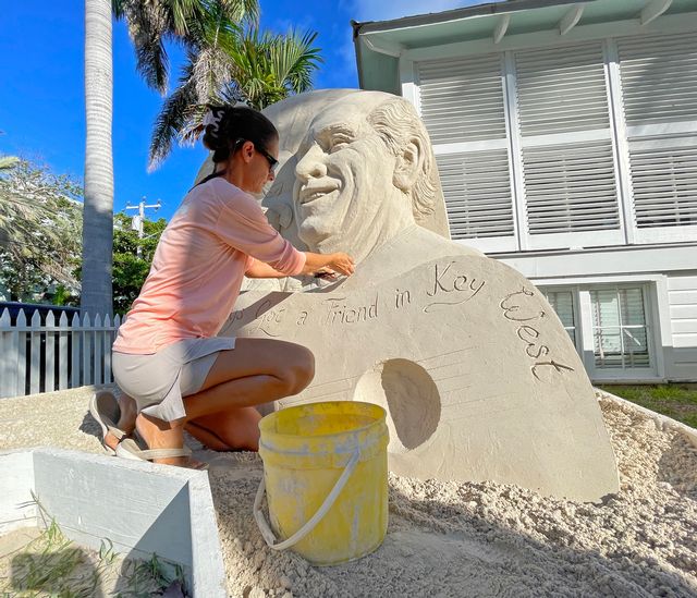 The sand sculpture stands at the home of longtime Buffett friend Joe Leghorn in a neighborhood where Buffett lived and partied. Photo: Rob O'Neal