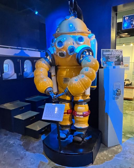 Visitors can view the suits and equipment used in space and underwater training missions to protect the human body from either the lack of pressure in space or crushing pressure at depth.