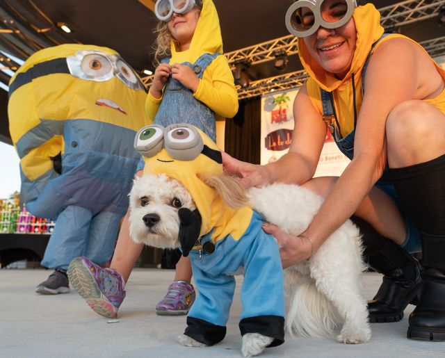 Grace Epperly, right, her daughter Hope and their pup are costumed as minions during the 2022 Fantasy Fest Pet Masquerade. Photo: Rob O'Neal