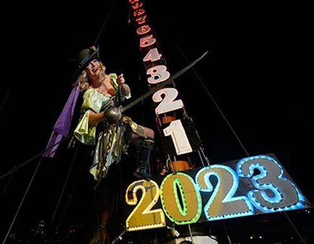 At Schooner Wharf Bar, pirate wench Evalina Worthington is to descend from atop the mast of the tall ship America 2.0 as cannons boom. Photo: Rob O'Neal