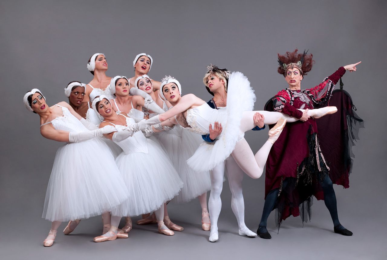 During Les Ballets Trockadero’s performances, professional male dancers take all the roles, delicately balancing “en pointe” and executing flawless ballet moves. Photo courtesy of Les Ballets Trockadero de Monte Carlo