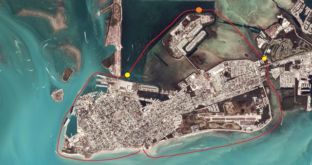 Swimmers depart Higgs Beach and follow a clockwise route around Key West through both Atlantic Ocean and Gulf of Mexico waters. 