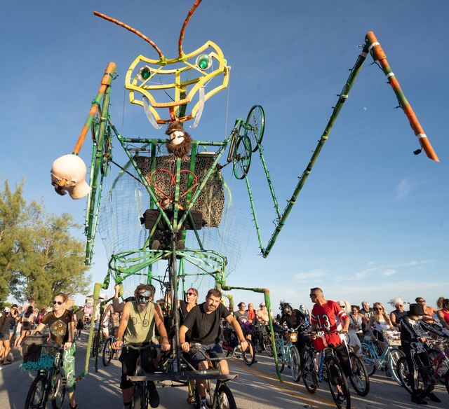 A giant, bicycle-powered Zombie praying mantis makes its way along the Zombie bike route that winds through Key West. 