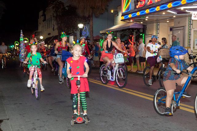 The BeLighted Bike Ride through Key West's Old Town caps off the snowy, celebratory Holiday Village. Photo: Carol Tedesco