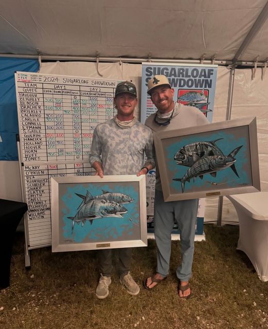 Guide Drue Eymann (left) and angler Matt Atkinson, both of Key West, Florida, were named grand champions in the fly division of the 2024 Sugarloaf Showdown