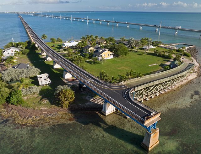 An aerial view shows the entry to Pigeon Key at the end of the publicly-accessible, renovated span of the Old Seven Mile Bridge. Photo: Andy Newman