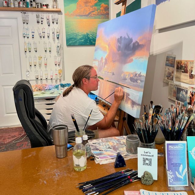 Artist Taylor Hale can often be seen painting in his studio located in the Florida Keys Brewing Company's beer garden. Photo: Courtesy of Taylor Hale