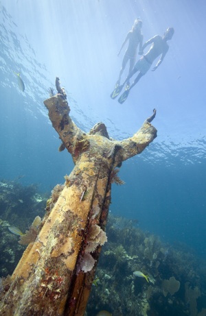 The iconic nine-foot-high "Christ of the Deep," a 4,000-pound bronze statue installed as an underwater shrine is located inside the Florida Keys National Marine Sanctuary. Image by Stephen Frink