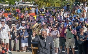 Artie Engler, center, a Henry Flagler re-enactor, finishes a speech Sunday, Jan. 22, 2012, in Key West, Fla., to honor the centennial anniversary of the completion of Henry Flagler's Florida Keys Over-Sea Railroad on Jan. 22, 1912. Photos by Andy Newman/Florida Keys News Bureau