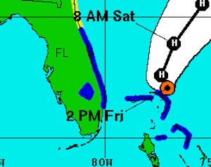 The official forecast track for Hurricane Sandy, as issued by the National Hurricane Center Friday at 2 p.m. Yellow shading indicates areas under a tropical storm watch. The blue indicates a tropical storm warning. NHC Graphic. 