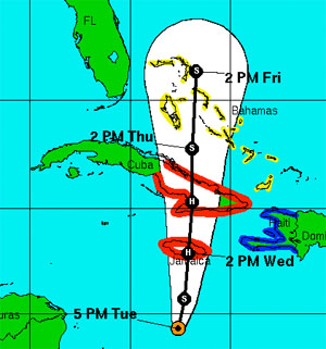 The official forecast track for Tropical Storm Sandy, as issued by the National Hurricane Center, released Tuesday at 5 p.m. NHC Graphic.