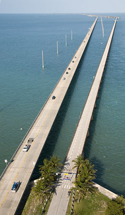 The highway's centerpiece is the Seven Mile Bridge, stretching 6.79 miles over open water. The Old Seven Mile Bridge, at right, parallels the wider span completed in 1982. Photos by Andy Newman/Florida Keys News Bureau